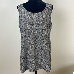 Eileen Fisher Scoop Neck Silk Shell Ash Gray Black Charcoal Printed Top